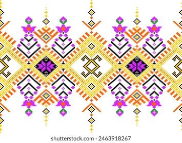 Pixel ethnic pattern, Vector embroidery pattern background, Geometric traditional triangle style,color pattern knitting vintage, Design for textile, fabric, batik, kaftan, fibres