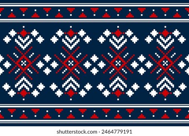 Pixel ethnic pattern, Vector embroidery pattern background, Geometric traditional triangle style, Blue and orange pattern knitting vintage, Design for textile, fabric, batik, kaftan, fibres