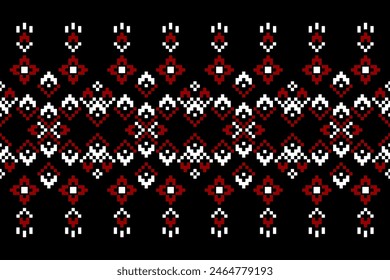 Pixel ethnic pattern, Vector embroidery pattern background, Geometric traditional triangle style, Blue and orange pattern knitting vintage, Design for textile, fabric, batik, kaftan, fibres