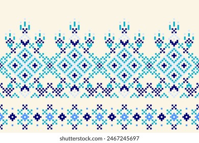 Pixel ethnic pattern, Vector embroidery pattern background, Geometric traditional triangle style, Blue and orange pattern knitting vintage, Design for textile, fabric, batik, kaftan, fibres