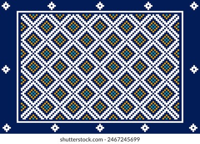 Pixel ethnic pattern, Vector embroidery pattern background, Geometric traditional triangle style, Blue and orange pattern knitting vintage, Design for textile, fabric, batik, kaftan, fibres