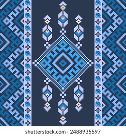 Pixel ethnic pattern, Vector embroidery ethnic background, Geometric diagonal ornate style, Blue pattern chevron surface, Design for textile, fabric, ceramic, tile, blankets