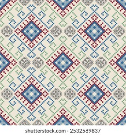 Pixel ethnic pattern, Vector embroidery tribal background, Geometric fashion abstract style, pattern ornate concept, Design for textile, fabric, clothing, tile, wallpaper, carpet. Cross stitch.