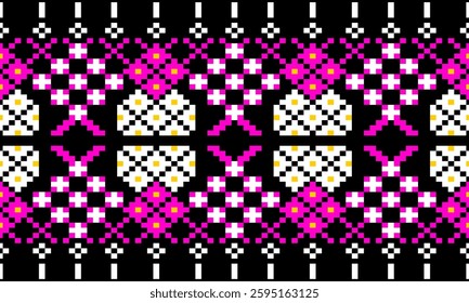 Pixel ethnic pattern, Vector embroidery pattern background, Geometric traditional triangle style, Blue and orange pattern knitting vintage, Design for textile, fabric, batik, kaftan, fibres