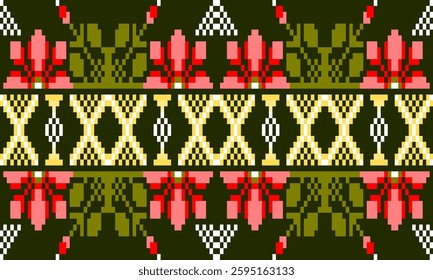 Pixel ethnic pattern, Vector embroidery pattern background, Geometric traditional triangle style, Blue and orange pattern knitting vintage, Design for textile, fabric, batik, kaftan, fibres