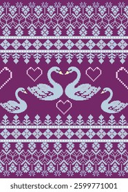 Pixel ethnic pattern. Vector embroidery Love background, Knitted  pattern Swan   fashion abstract style, Blue pattern ornate concept, Design for textile, fabric, clothing, tile, wall art, embroidery