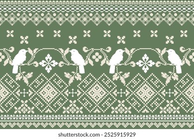 Pixel ethnic seamless pattern. Cross stitch embroidery pattern.
Background, Design for fabric, curtain, carpet ,scarf. pixel textile fabric illustration vector. White bird.