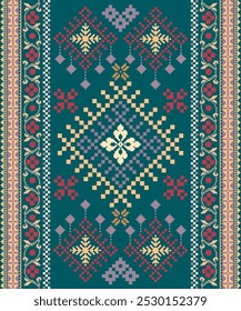 Pixel ethnic seamless pattern. Cross stitch embroidery pattern. Abstract background, Design for fabric, curtain, carpet ,scarf, rug. pixel textile fabric illustration vector. Knitted 