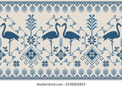 Pixel padrão étnico sem emenda. Padrão de bordado ponto cruz. Fundo, Design para tecido, cortina, tapete, cachecol, tapete. pixel tecido têxtil ilustração vetor. Flamingo.