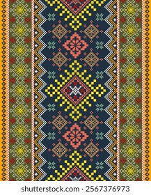 Pixel ethnic seamless pattern. Cross stitch embroidery pattern. Abstract background, Design for fabric, curtain, carpet ,scarf, rug. pixel textile fabric illustration vector. Knitted