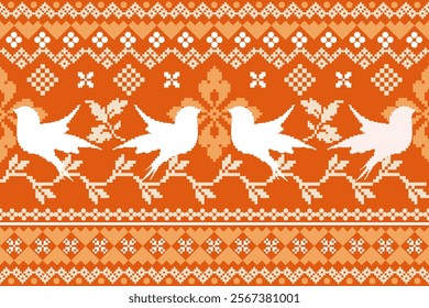 Pixel ethnic seamless pattern. Cross stitch embroidery pattern. Background, Design for fabric, curtain, carpet ,scarf. pixel textile fabric illustration vector. White bird.