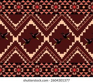 Pixel ethnic seamless pattern. Tribal Fabric with bird pattern. Ethnic Textile with birds Motif.