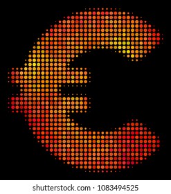 Pixel euro icon. Bright pictogram in hot color tinges on a black background. Vector halftone mosaic of euro pictogram designed of spheric dots.