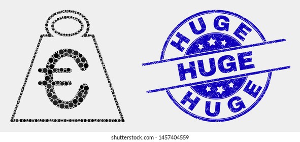 Pixel euro mass mosaic pictogram and Huge seal stamp. Blue vector rounded grunge seal stamp with Huge caption. Vector combination in flat style. Black isolated euro mass mosaic of scattered dots,