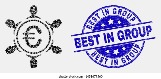 Pixel euro people company mosaic pictogram and Best in Group watermark. Blue vector round textured watermark with Best in Group caption. Vector combination in flat style.