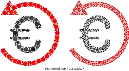 Pixel euro refund icon. Collage euro refund icon organized from circle elements in various sizes and color tinges. Vector spheric elements are organized into collage euro refund icon.