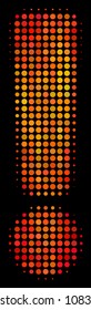 Pixel exclamation sign icon. Bright pictogram in orange color hues on a black background. Vector halftone concept of exclamation sign pictogram composed with spheric elements.