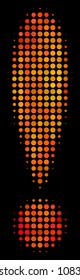 Pixel exclamation sign icon. Bright pictogram in fire color hues on a black background. Vector halftone pattern of exclamation sign symbol composed of spheric points.