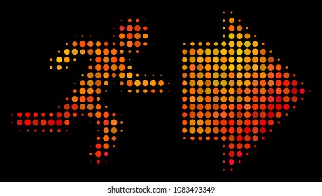 Pixel exit direction icon. Bright pictogram in fire color variations on a black background. Vector halftone mosaic of exit direction symbol formed with spheric items.