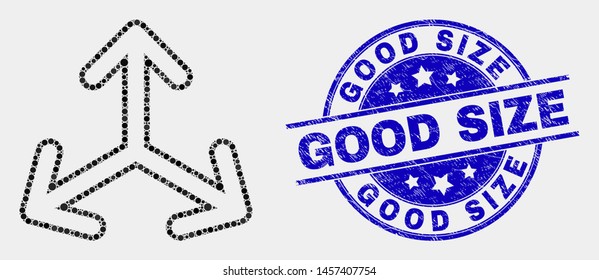 Pixel expand arrows mosaic icon and Good Size seal stamp. Blue vector rounded scratched seal stamp with Good Size message. Vector collage in flat style.