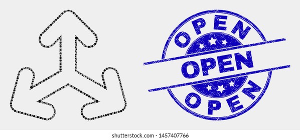 Pixel expand arrows mosaic pictogram and Open seal. Blue vector rounded distress seal stamp with Open title. Vector collage in flat style. Black isolated expand arrows mosaic of random dots,