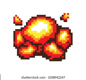 Pixel explosion banner, color vector illustration, abstract burst isolated on white background, pixel fire, mosaic figure, huge explosion template
