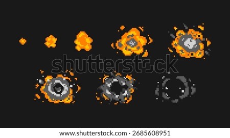 Pixel explosion sequence with orange fire and grey smoke for game sprite animation. Motion frames, progressive blast stages from small spark to dissipating clouds. Retro arcade effect assets.