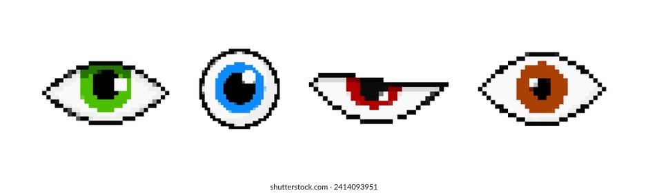 Pixel eyes set. Green pupil with squinted red and round blue for vibrant look and fine vector design