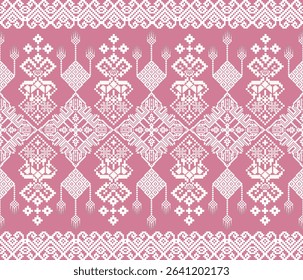 Pixel fabric pattern, abstract, ethnic, pixel style, full fabric pattern, pink, white, for textile, cloth, clothes, curtain, carpet, pillow, illustration, vector.