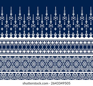 Padrão de tecido pixel, abstrato, étnico, estilo pixel, padrão de tecido completo, azul marinho, branco para têxtil, pano, roupas, cortinas, tapetes, travesseiros, ilustração vetorial