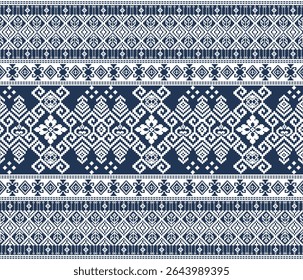 Padrão de tecido pixel, abstrato, étnico, estilo pixel, padrão de tecido completo, azul marinho, branco para têxtil, pano, roupas, cortinas, tapetes, travesseiros, ilustração vetorial