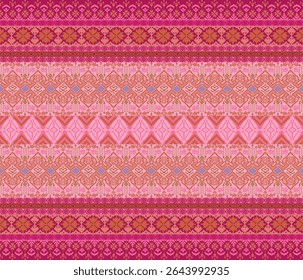 Padrão de tecido pixel, abstrato, étnico, estilo pixel, padrão de tecido completo, rosa, laranja, roxo para têxtil, pano, roupas, cortina, tapete, travesseiro, ilustração, vetor.