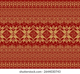 Padrão de tecido pixel, abstrato, étnico, estilo pixel, padrão de tecido completo, vermelho, amarelo dourado para têxtil, pano, roupas, cortinas, tapetes, travesseiros, ilustração vetorial.