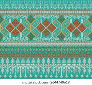 Pixel fabric pattern, abstract, ethnic, pixel style, full fabric pattern, mint green, golden yellow for textile, cloth, clothes, curtains, carpets, pillows, vector illustration.