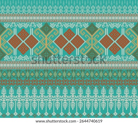 Pixel fabric pattern, abstract, ethnic, pixel style, full fabric pattern, mint green, golden yellow for textile, cloth, clothes, curtains, carpets, pillows, vector illustration.