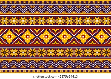 Pixel fabric pattern, abstract flower, geometric shape, square, tile purple background white yellow red for fabric pattern, pillow, curtain, bed sheet, tablecloth.