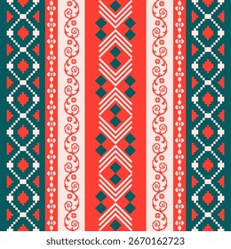 Pixel fabric pattern in red, green, and white with geometric and cross stitch style. Festive textile design inspired by folk embroidery, perfect for Christmas and New Year decoration, background, gift