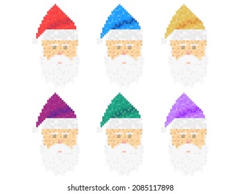 Pixel face of Santa Claus in hats of different colors set of icons. Santa Claus pixel art in retro style 8 bit graphics. Festive design for greeting cards, posters and banners. Vector illustration