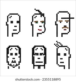 Pixel face, vector image. Set of male faces, on a white background.