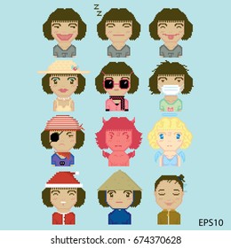 The pixel facial expression of girl emoticon icon character
