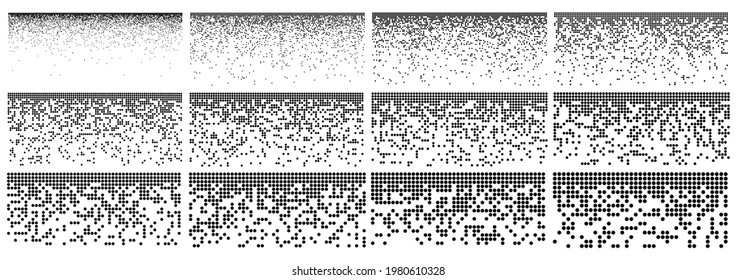 Pixel fade pattern. Ellipse halftone set. Digital data block image. Breaking matrix illustration. Abstract vector background with texture effect.