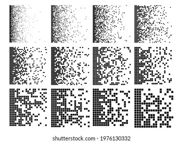 Pixel fade pattern. Square halftone set. Digital data block image. Breaking matrix illustration. Abstract vector background with texture effect.