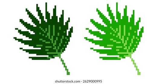 Pixel fan palm leaf vector for tropical nature, retro game decor, and 8-bit plant theme. Ideal for pixel art jungle, summer icon, or green digital nature illustration project.