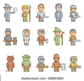 Pixel fantasy heroes for 8 bit video game and design