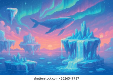 Pixel fantasy scene with icy floating islands, frozen waterfalls, and a flying whale under colorful aurora. A majestic and dreamy arctic world.