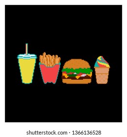 Pixel fast food and beverage icon collection. 8 bit design