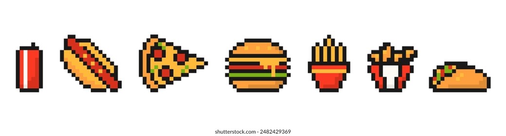 Pixel fast food icon. Appetizing slice of pizza with pixelated hamburger and taco with fried wings and vector fries