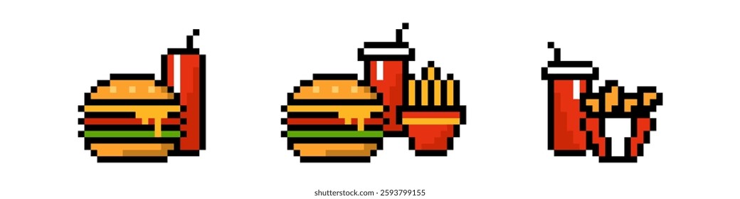 Pixel fast food set. Appetizing 8 bit hamburger and soda with french fries and chicken wings for hearty snack