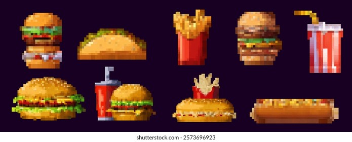 Pixel fast food set with burger, pizza, hot dog, and soda in 8bit style. Retro vector icons for game, restaurant, and delivery apps.