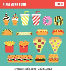 Pixel fast food set, isolated vector icon set